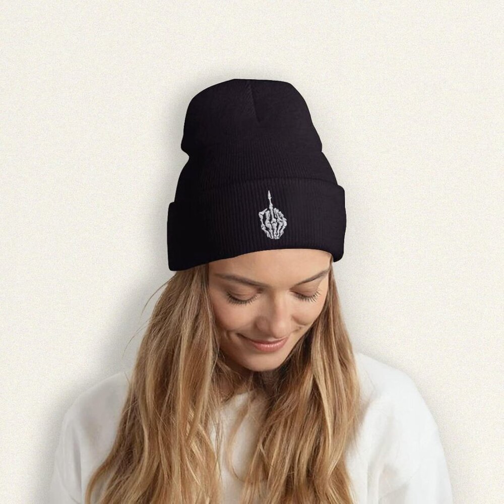 Horned Hand Beanie Hat for Men Women Knit Winter Cap Embroidered Skull Finger Ca - Picture 3 of 5